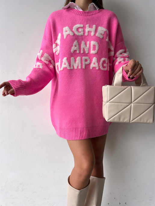 Bisiklet Yaka Ön Ve Arka Kısmı Yazılı Stuart Kadın Pembe Uzun Triko Kazak 23K000186