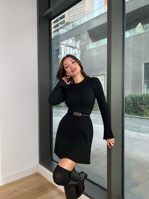 Bisiklet Yaka Uzun Kollu Lainn Kadın Siyah Triko Mini Elbise 24k283