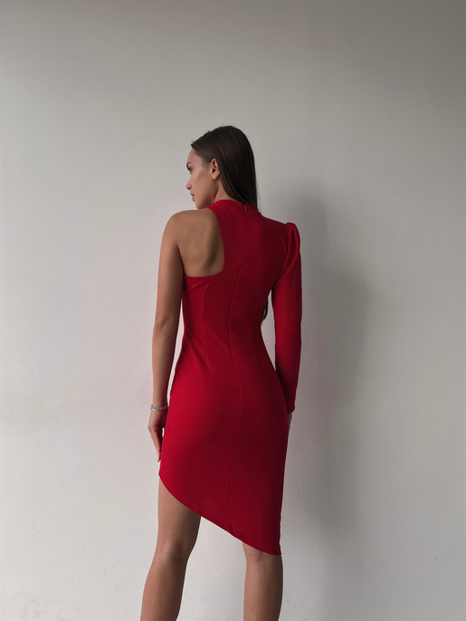 Bisiklet Yaka Uzun Tek Kol Göğüs Detay Asimetrik Kesim Gratiana Kadın Kırmızı Elbise 23K000045