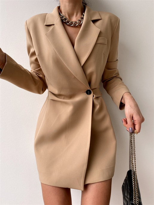 Blazer Beli Drapeli Kadın Camel Ceket Elbise 21K000341
