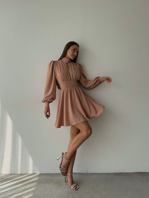 Boğazlı Derin V Yaka Düğmeli Kol Belden Oturtmalı Eteği Volanlı Ivon Kadın Somon Mini Elbise 23K000029