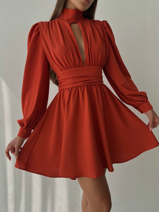 Boğazlı Derin V Yaka Düğmeli Kol Belden Oturtmalı Eteği Volanlı Ivon Kadın Kiremit Mini Elbise 23K000029