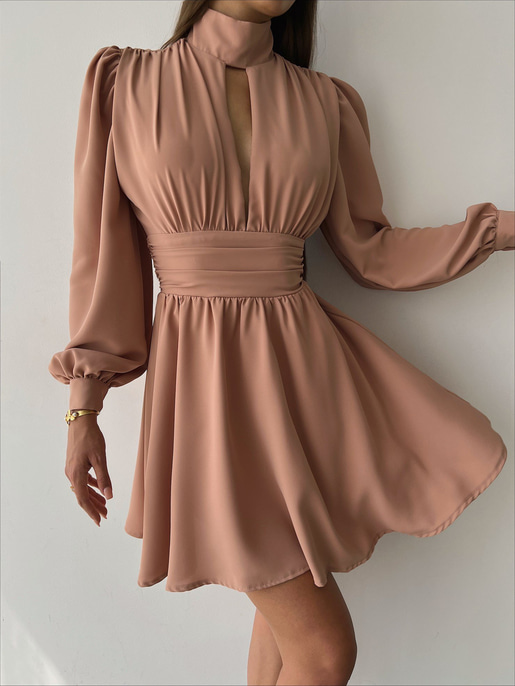 Boğazlı Derin V Yaka Düğmeli Kol Belden Oturtmalı Eteği Volanlı Ivon Kadın Somon Mini Elbise 23K000029