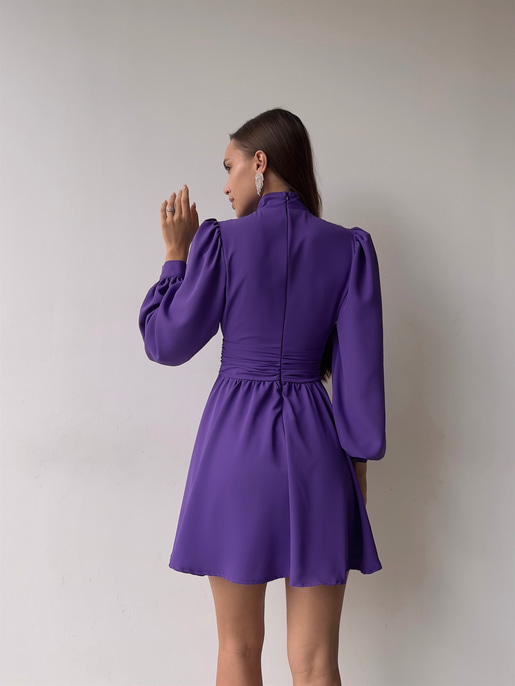 Boğazlı Derin V Yaka Düğmeli Kol Belden Oturtmalı Eteği Volanlı Ivon Kadın Mürdüm Mini Elbise 23K000029