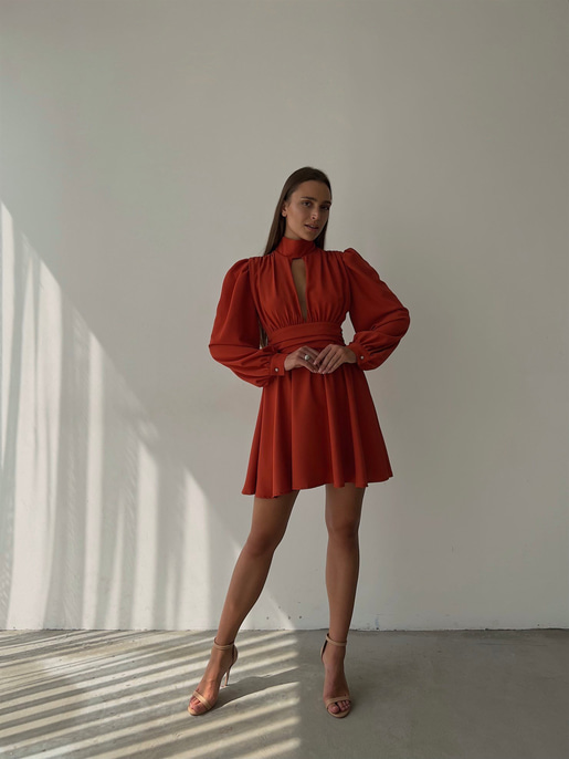 Boğazlı Derin V Yaka Düğmeli Kol Belden Oturtmalı Eteği Volanlı Ivon Kadın Kiremit Mini Elbise 23K000029