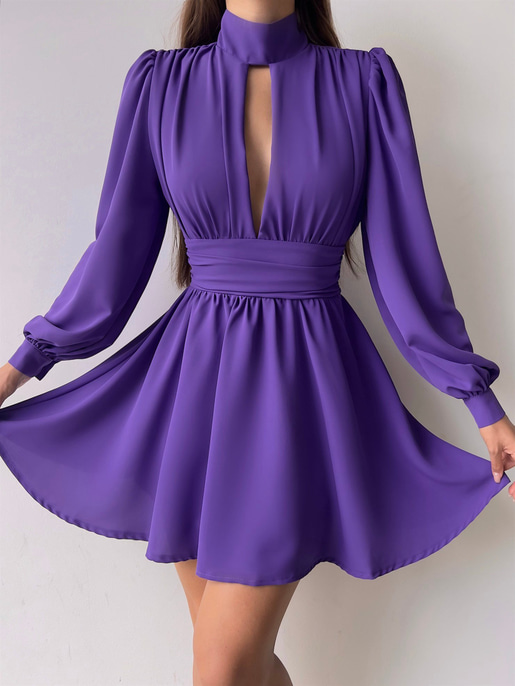 Boğazlı Derin V Yaka Düğmeli Kol Belden Oturtmalı Eteği Volanlı Ivon Kadın Mürdüm Mini Elbise 23K000029