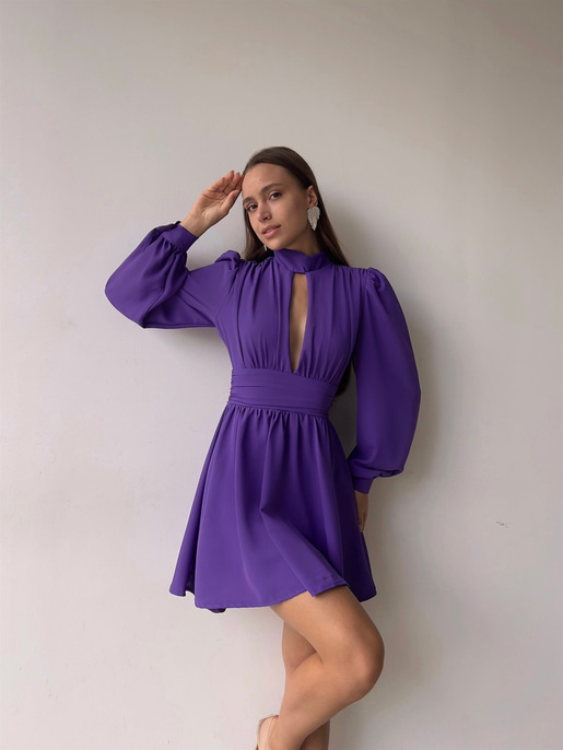 Boğazlı Derin V Yaka Düğmeli Kol Belden Oturtmalı Eteği Volanlı Ivon Kadın Mürdüm Mini Elbise 23K000029