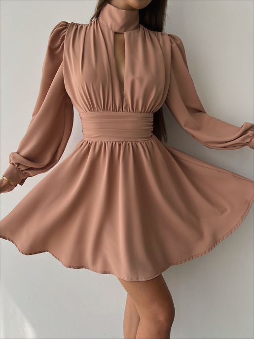 Boğazlı Derin V Yaka Düğmeli Kol Belden Oturtmalı Eteği Volanlı Ivon Kadın Somon Mini Elbise 23K000029