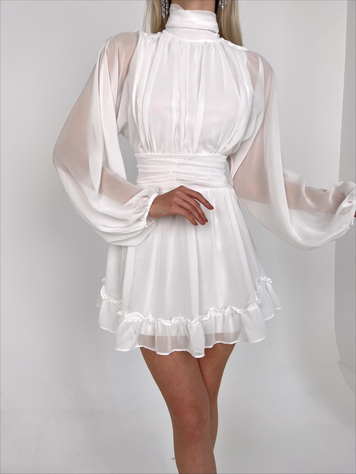 Boğazlı Etek Ucu Fırfırlı Uzun Tül Kol Penny Kadın Kısa Beyaz Elbise 23K000313