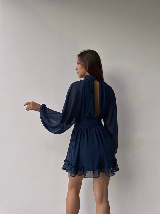 Boğazlı Etek Ucu Fırfırlı Uzun Tül Kol Penny Kadın Kısa Lacivert Elbise 23K000313