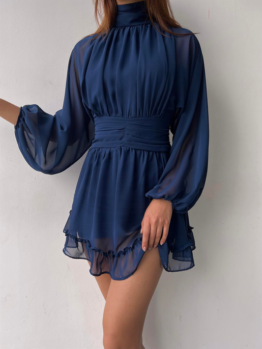 Boğazlı Etek Ucu Fırfırlı Uzun Tül Kol Penny Kadın Kısa Lacivert Elbise 23K000313