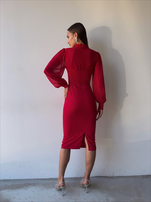 Boğazlı Uzun Tül Kol Agathe Kadın Kırmızı Midi Boy Elbise 23K000156