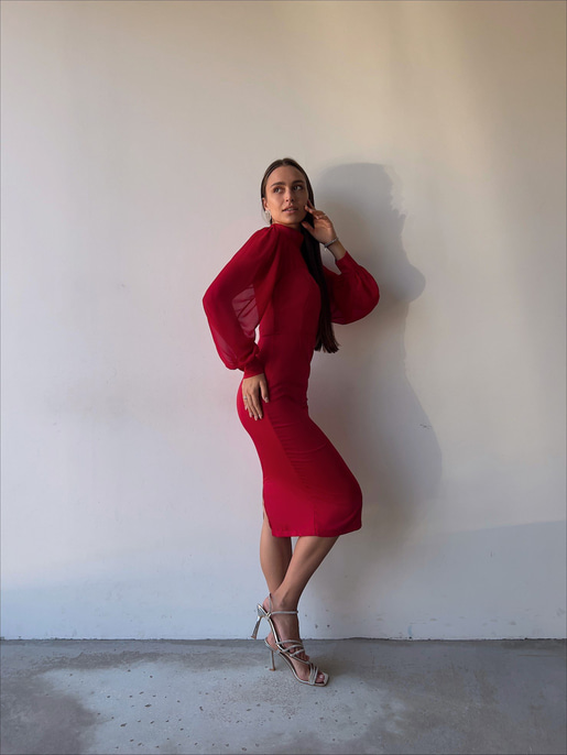 Boğazlı Uzun Tül Kol Agathe Kadın Kırmızı Midi Boy Elbise 23K000156