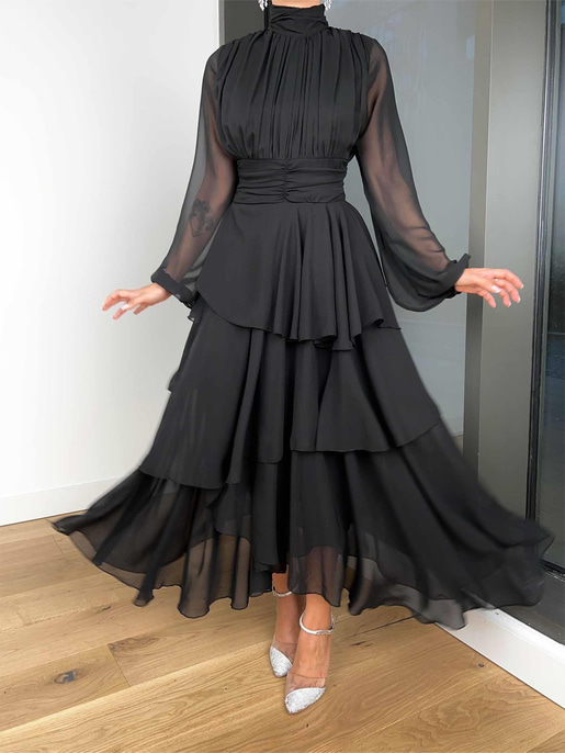 Boğazlı Uzun Tül Kol Önü Ve Beli Drape Detaylı Eteği Katlı Alicia Kadın Siyah Elbise 24k000156