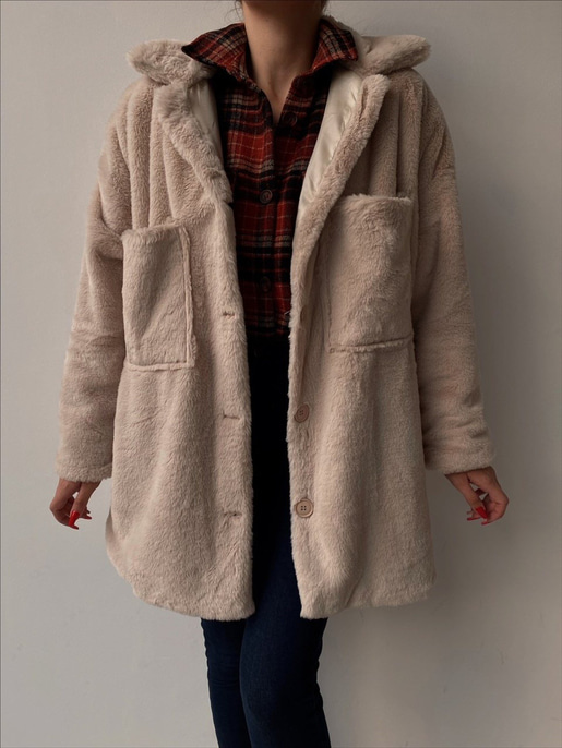 Boyfriend Önde Büyük Cep Detaylı Kadın Taş Renk  Kürk Mont 22K000355