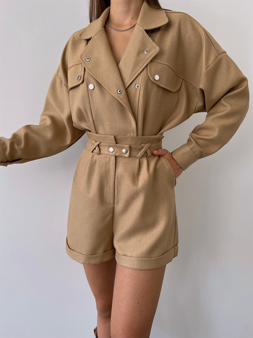Boyfriend Önü Çıtçıt Kapamalı Ceket Ve Yüksek Bel Yanları Cepli Şort Zayne Kadın Camel Takım 23K000181