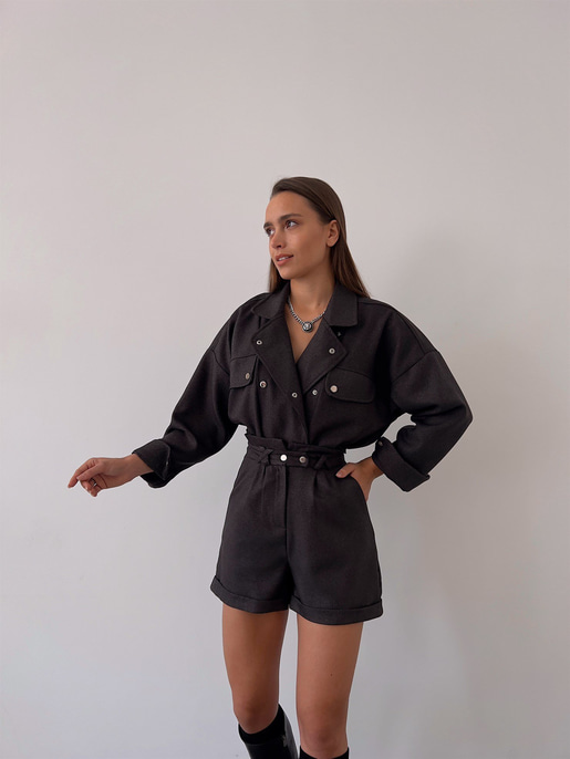Boyfriend Önü Çıtçıt Kapamalı Ceket Ve Yüksek Bel Yanları Cepli Şort Zayne Kadın Antrasit Takım 23K000181