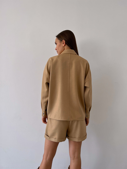Boyfriend Önü Çıtçıt Kapamalı Ceket Ve Yüksek Bel Yanları Cepli Şort Zayne Kadın Camel Takım 23K000181