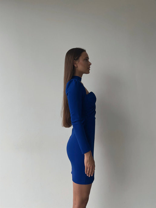 Boyun Detay Kruvaze Yaka Beli Düğme Detaylı Uzun Kollu Yırtmaçlı Nicoli Kadın Saks Mini Elbise 23K000044