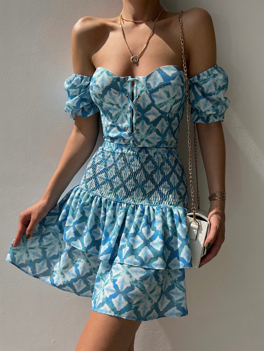 Çapraz Bağcık Açık Omuz Üst Fırfırlı Gipeli Alt Justus Kadın Mavi İkili Takım 22Y000330