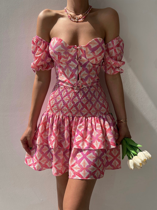 Çapraz Bağcık Açık Omuz Üst Fırfırlı Gipeli Alt Justus Kadın Pembe İkili Takım 22Y000330