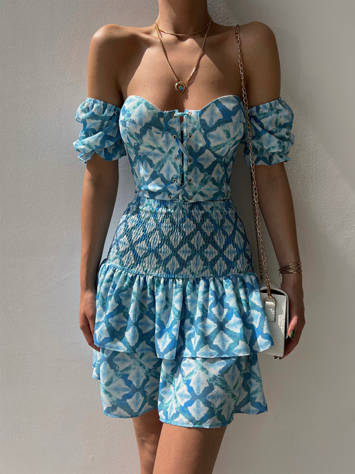 Çapraz Bağcık Açık Omuz Üst Fırfırlı Gipeli Alt Justus Kadın Mavi İkili Takım 22Y000330