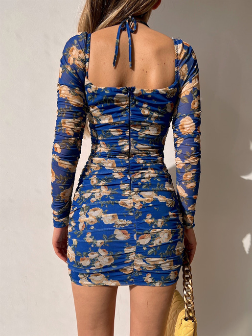 Çiçek Desen Göğüsü Bağcıklı Uzun Kol Cecelia Kadın Saks Elbise 22K000617