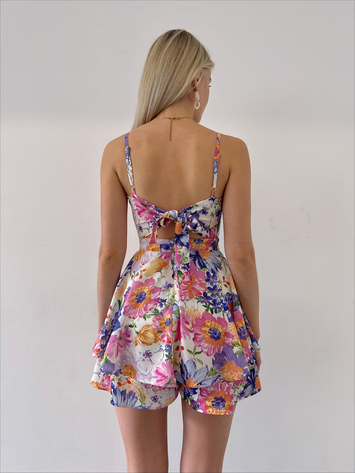 Çiçek Desen İnce Askılı Volanlı Kadın Mor Şort Tulum 21Y000451