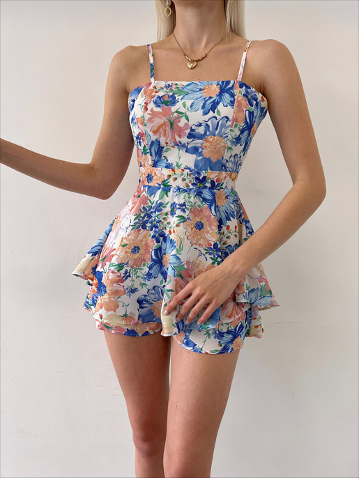 Çiçek Desen İnce Askılı Volanlı Kadın Mavi Şort Tulum 21Y000451
