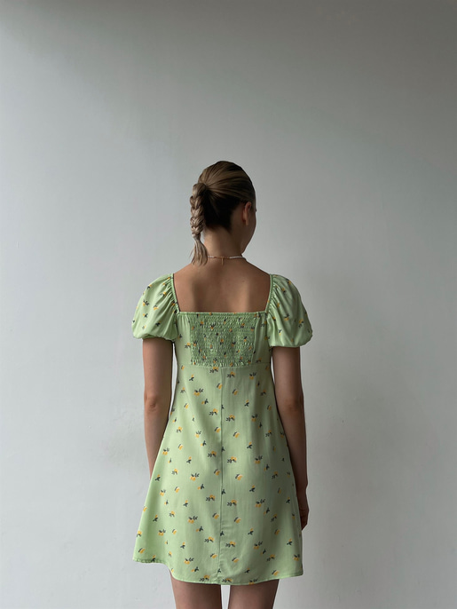 Çiçek Desen Mini Boy Yakası Lastikli Madonna Kadın Yeşil Elbise 22Y000355