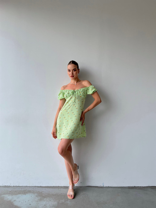 Çiçek Desen Mini Boy Yakası Lastikli Madonna Kadın Yeşil Elbise 22Y000355