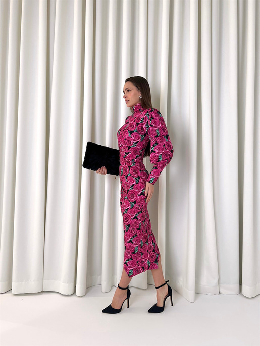 Çiçek Desenli Balıkçı Yaka Yandan Yırtmaçlı Manşet Kol Corey Kadın Fuşya Midi Elbise 23K000449