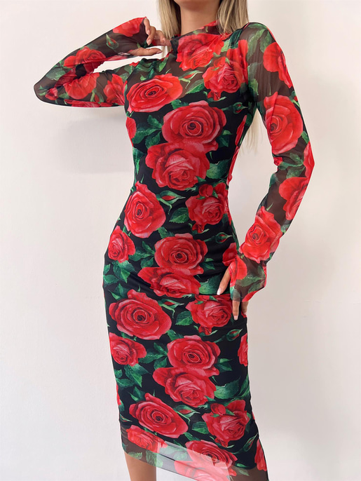 Çiçek Desenli Uzun Tül Kol Lori Kadın Kırmızı Elbise 23K000402