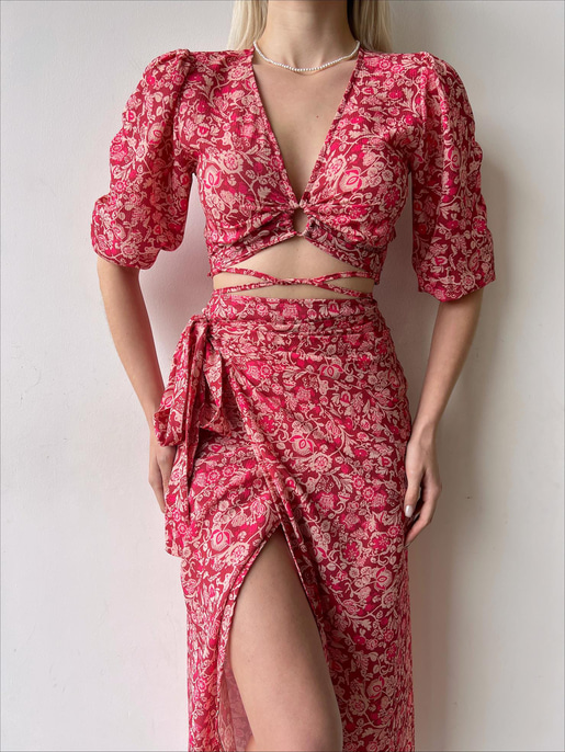 Çiçeki Kruvaze Bağcıklı Alt Ve Üst Balera Kadın Bordo İkili Takım 22Y000336