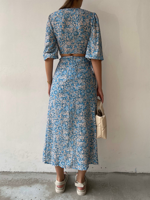 Çiçeki Kruvaze Bağcıklı Alt Ve Üst Balera Kadın Mavi İkili Takım 22Y000336