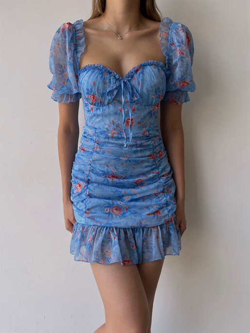 Çiçekli Ayarlanabilir Lastikli Yaka Volanlı Vitalis Kadın Mavi Elbise 22Y000453