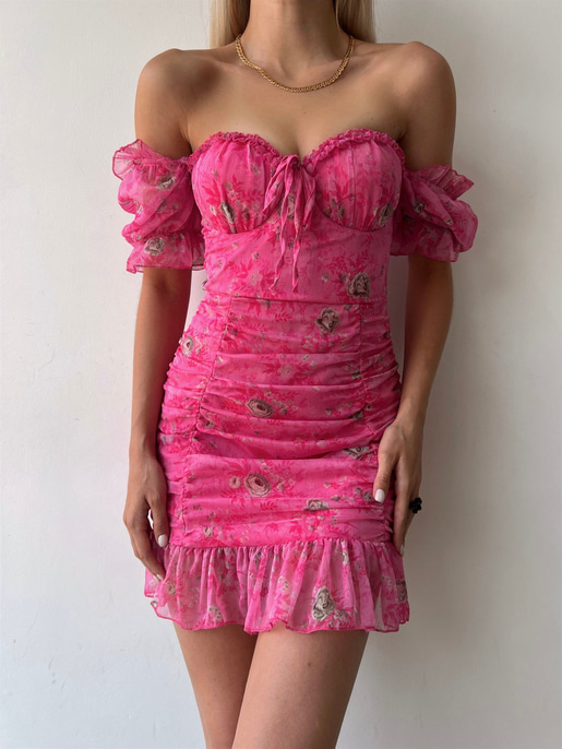 Çiçekli Ayarlanabilir Lastikli Yaka Volanlı Vitalis Kadın Pembe Elbise 22Y000453