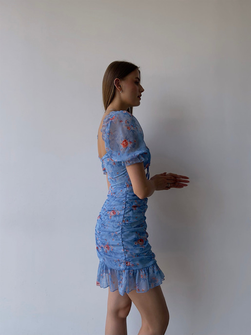 Çiçekli Ayarlanabilir Lastikli Yaka Volanlı Vitalis Kadın Mavi Elbise 22Y000453