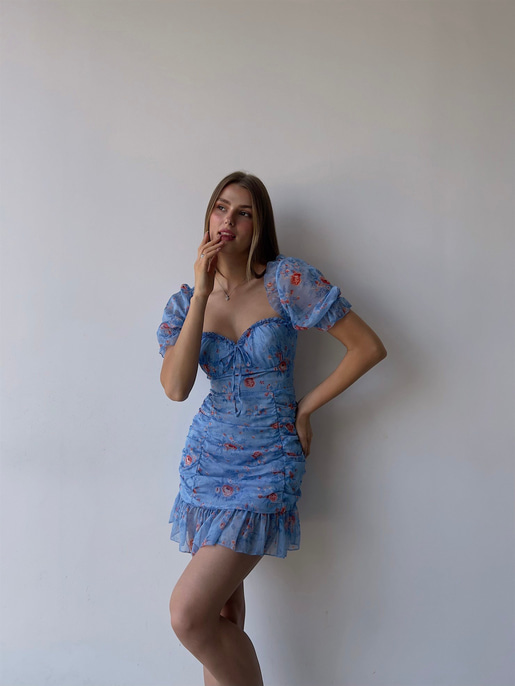 Çiçekli Ayarlanabilir Lastikli Yaka Volanlı Vitalis Kadın Mavi Elbise 22Y000453