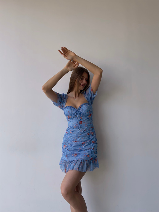 Çiçekli Ayarlanabilir Lastikli Yaka Volanlı Vitalis Kadın Mavi Elbise 22Y000453