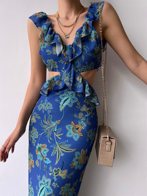 Çiçekli Bel Ve Sırt Dekolte Fırfırlı Edith Kadın İndigo Uzun Elbise 22Y000307