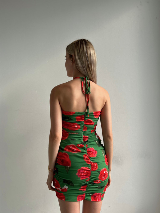 Çiçekli Boyundan Bağcıklı Pencere Detay Marinel Kadın Yeşil Elbise 22Y000384