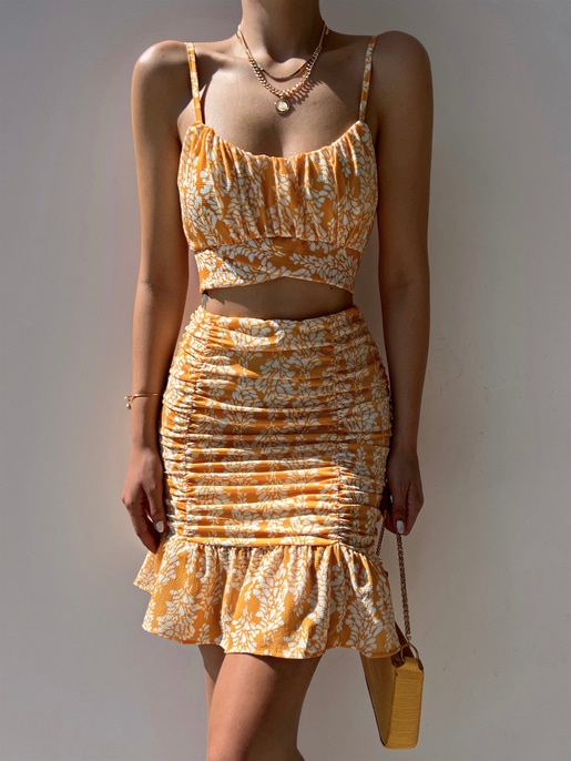 Çiçekli Crop Üst Ve Volanlı Drape Etek Sammy Kadın Sarı İkili Takım 22Y000283