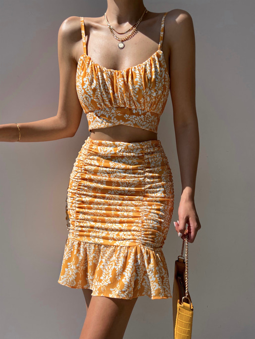 Çiçekli Crop Üst Ve Volanlı Drape Etek Sammy Kadın Sarı İkili Takım 22Y000283