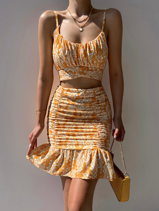 Çiçekli Crop Üst Ve Volanlı Drape Etek Sammy Kadın Sarı İkili Takım 22Y000283