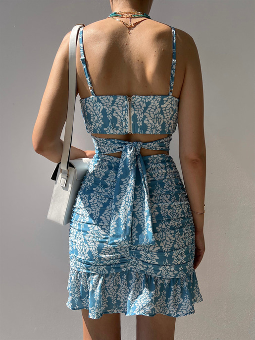 Çiçekli Crop Üst Ve Volanlı Drape Etek Sammy Kadın Mavi İkili Takım 22Y000283