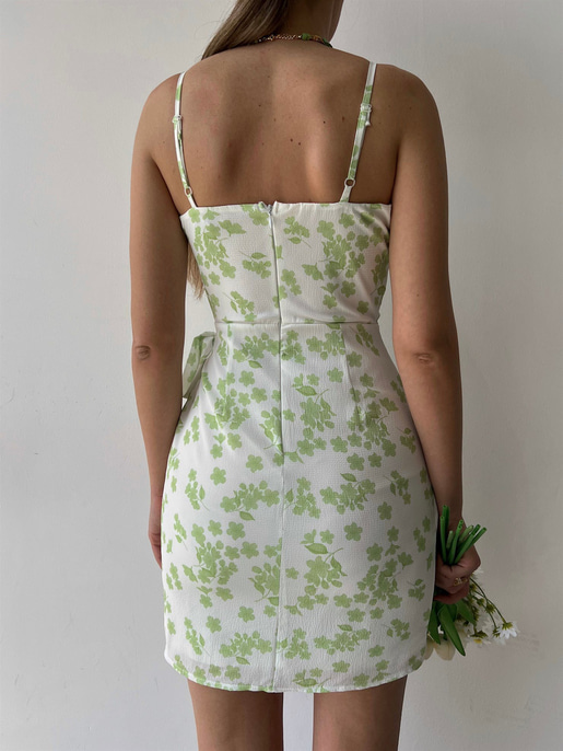 Çiçekli Etek Kısmı Kruvaze Yandan Bağcıklı Meliora Kadın Yeşil Elbise 22Y000327