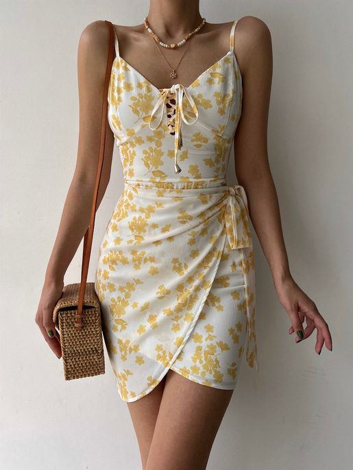 Çiçekli Etek Kısmı Kruvaze Yandan Bağcıklı Meliora Kadın Sarı Elbise 22Y000327