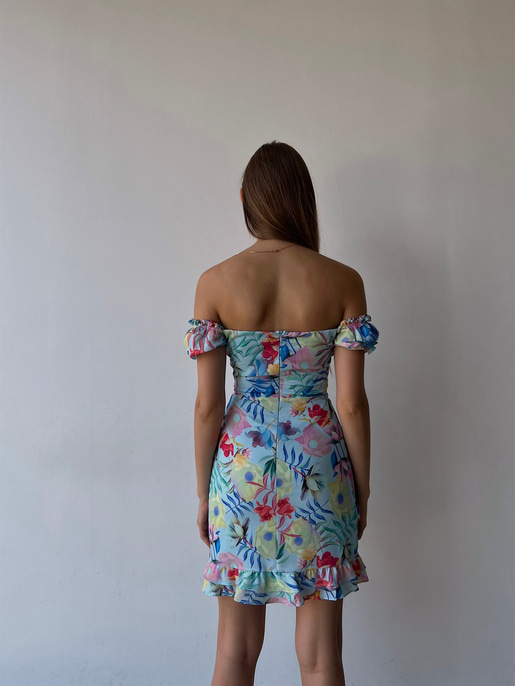 Çiçekli Göbek Pencere Detaylı Fırfırlı  Aden Kadın Mavi Elbise 22Y000217