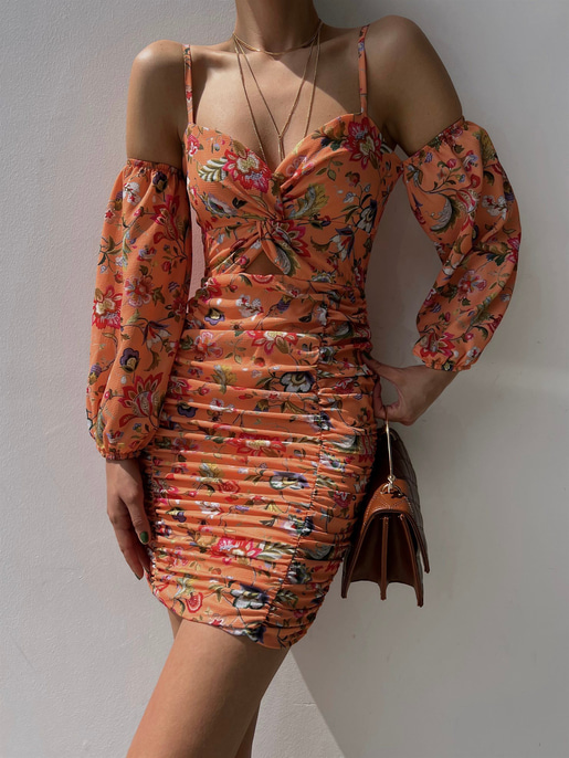 Çiçekli Göğüs Kısmı Düğüm Detaylı Drape Monere Kadın Somon Elbise 22Y000335